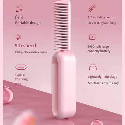 Purple Portable Foldable Cordless Hair Straightener Comb - 2-in-1 Ionic Styling for Smooth, Frizz-Free Hair