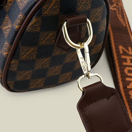 Brown checkered pattern Stylish PU Leather Boston Bag - Elegant Retro Single Shoulder Crossbody Handbag for Women