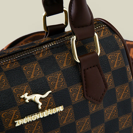 Brown checkered pattern Stylish PU Leather Boston Bag - Elegant Retro Single Shoulder Crossbody Handbag for Women