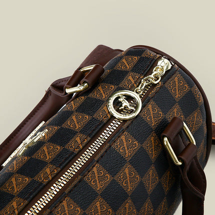 Brown checkered pattern Stylish PU Leather Boston Bag - Elegant Retro Single Shoulder Crossbody Handbag for Women