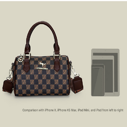 Brown checkered pattern Stylish PU Leather Boston Bag - Elegant Retro Single Shoulder Crossbody Handbag for Women