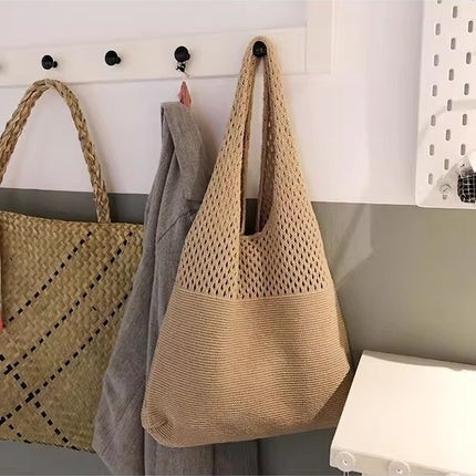 Khaki twist Bohemian Knit Shoulder Bag - Hand-Woven Crochet Tote for Women