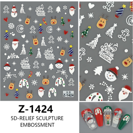4PCS 5D Embossed Christmas Nail Art Stickers - Santa, Snowman, Reindeer & Snowflake Designs for Festive Manicures(Z-1424)