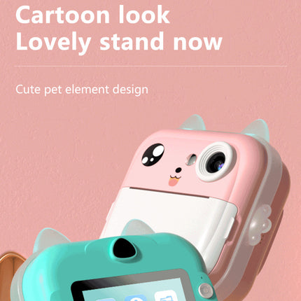 Pink cat Kids Instant Print Camera Zero Ink Digital Video Recorder with 32GB Card and 3 Paper Rolls Portable Rechargeable Toy Gift