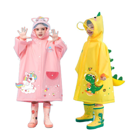 Yellow dinosaur  Kids Waterproof Raincoat with Expandable Backpack Slot Hooded Rain Jacket for Boys & Girls School & Outdoor(size:M)