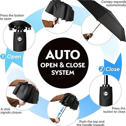 Black Automatic Windproof Travel Umbrella Compact Folding Umbrella Auto Open and Close with Vented Double Canopy for Rain and Sun