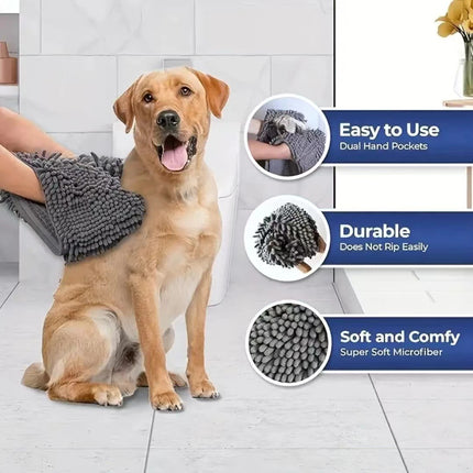 Blue Super Absorbent Pet Bath Towel with Hand Pockets Quick Dry Chenille Microfibre for Dogs and Cats Large Size 62cm