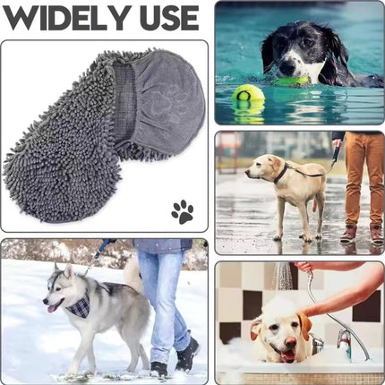 Blue Super Absorbent Pet Bath Towel with Hand Pockets Quick Dry Chenille Microfibre for Dogs and Cats Large Size 62cm