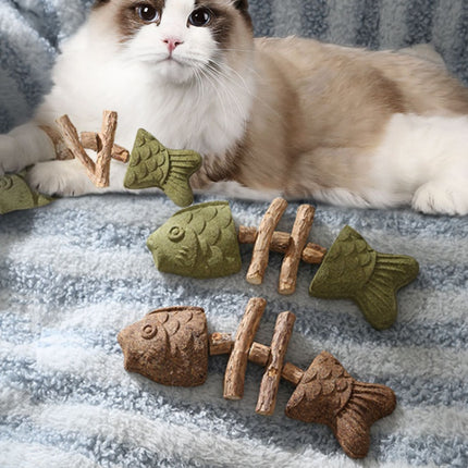 Green 5 Pack Cat Catnip Toys Fish Bone Shaped Silvervine Chew Sticks for Teeth Cleaning and Interactive Play