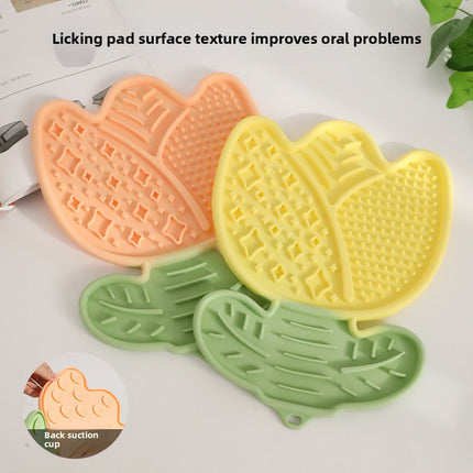 2-pcs Rouge powder Tulip Shaped Silicone Pet Licking Mat Slow Feeder Dog Cat Lick Pad with Suction Cups Anxiety Relief and Boredom Buster