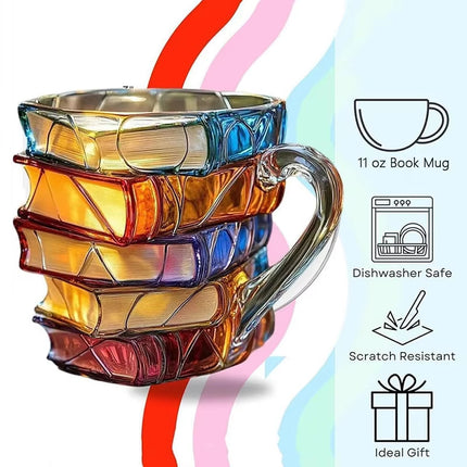 3D Book Stack Resin Mug with Spoon Creative Library Bookshelf Design Coffee Cup Unique Gift for Book Lovers and Writers(style I)