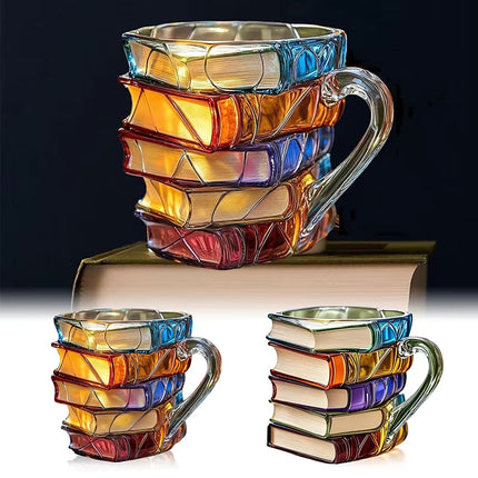 3D Book Stack Resin Mug with Spoon Creative Library Bookshelf Design Coffee Cup Unique Gift for Book Lovers and Writers(style J)