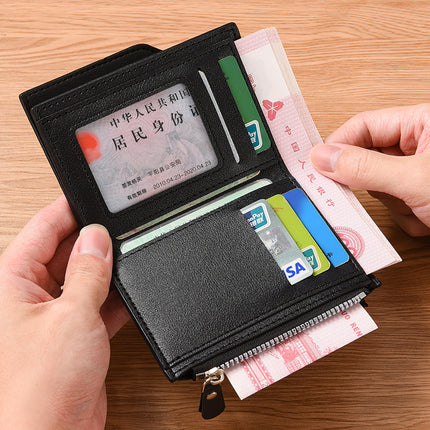 Black Men's Compact Wallet – Multi-Card Holder with Zippered Coin Pocket, 13 Card Slots, Lightweight and Durable Design