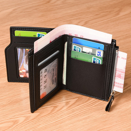 Black Men's Compact Wallet – Multi-Card Holder with Zippered Coin Pocket, 13 Card Slots, Lightweight and Durable Design