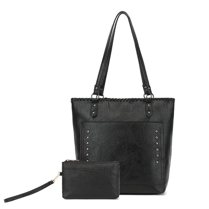 Black Minimalist Large Capacity Tote Bag with Detachable Pouch – Soft PU Leather Shoulder Handbag for Everyday Use