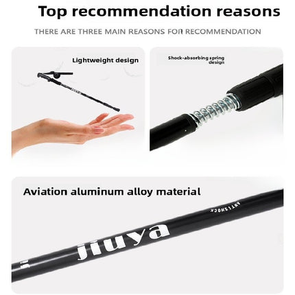 Black Professional Outdoor Trekking Pole – Lightweight Aluminum Alloy Adjustable Walking Stick with Shock Absorption System for Hiking, Climbing, and Kids | 4-Section Collapsible Design with Ergonomic Curved Handle