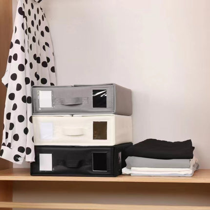 Beige Foldable Oxford Fabric Storage Box with Clear Window – Large Capacity Organizer for Bedding, Clothes & More | Collapsible Design with Handle and Labeling Space