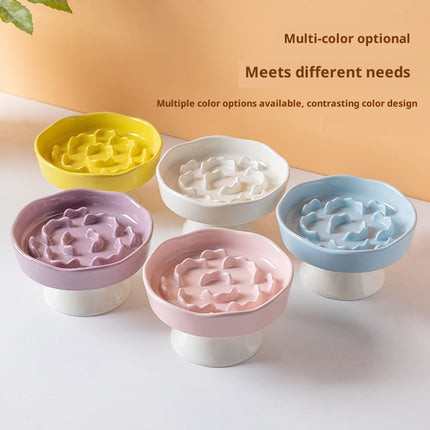 White Ceramic Elevated Slow Feeder Bowl Raised Pet Dish 310ml Anti-Vomit Puzzle Design for Cats and Small Dogs Healthy Digestion Sturdy Base