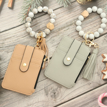 2-PCS Mint green Silicone Bead Keychain Bracelet Wallet PU Leather ID Card Holder with Tassel Wristlet Bangle for Women