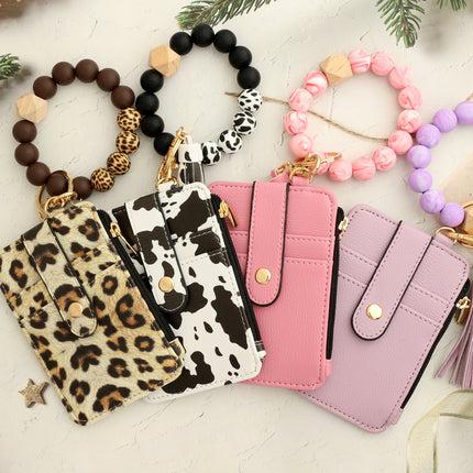 2-PCS Mint green Silicone Bead Keychain Bracelet Wallet PU Leather ID Card Holder with Tassel Wristlet Bangle for Women