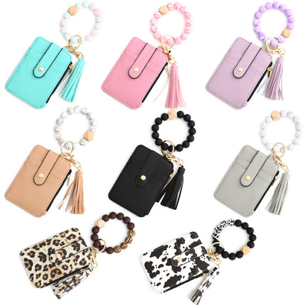 2-PCS Mint green Silicone Bead Keychain Bracelet Wallet PU Leather ID Card Holder with Tassel Wristlet Bangle for Women