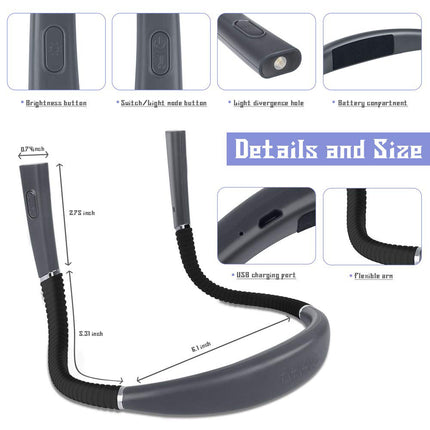 Black Hands-Free USB Rechargeable Neck Reading Light 3 Colour Modes Flexible LED Book Lamp for Night Reading Knitting Repairing