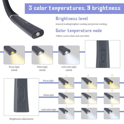 Black Hands-Free USB Rechargeable Neck Reading Light 3 Colour Modes Flexible LED Book Lamp for Night Reading Knitting Repairing