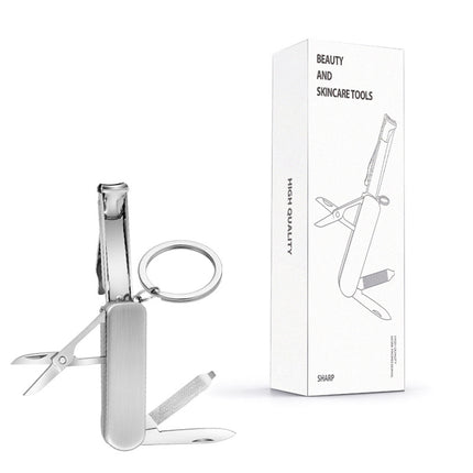 2-PCS Original steel colour 5-in-1 Foldable Stainless Steel Nail Clipper Multitool Keychain with Knife Scissors and File Portable Pocket Manicure Set