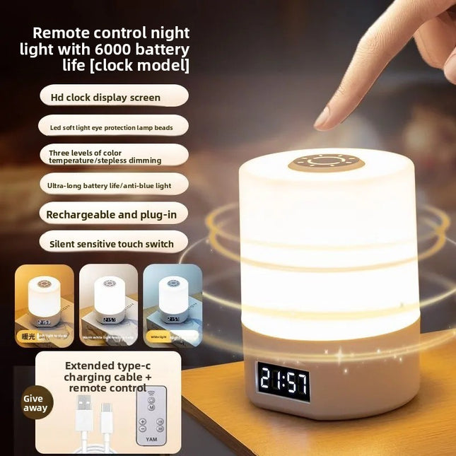 White Rechargeable LED Night Light with Remote Control Digital Clock