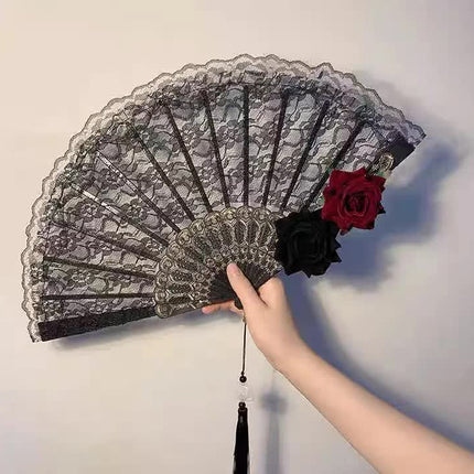 2 Pack Black Feather Wine-Red Rose Lace Vintage Lace Folding Fans Gothic Palace Style with Rose Cross Tassels for Tea Party Cosplay and Photo Props