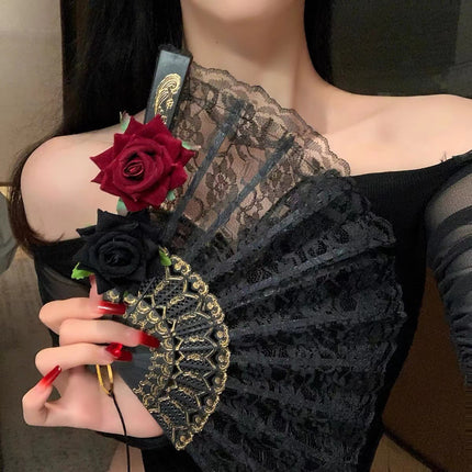 2 Pack Black Feather Wine-Red Rose Lace Vintage Lace Folding Fans Gothic Palace Style with Rose Cross Tassels for Tea Party Cosplay and Photo Props
