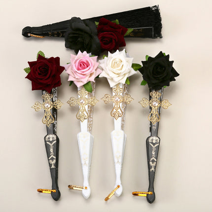 2 Pack Black Feather Wine-Red Rose Lace Vintage Lace Folding Fans Gothic Palace Style with Rose Cross Tassels for Tea Party Cosplay and Photo Props