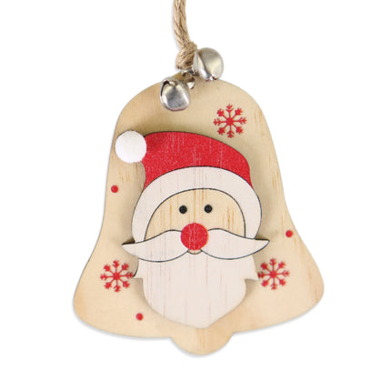 5 SET Rustic Wooden Christmas Hanging Ornaments with Bells - Santa, Reindeer, Tree & More (5 Designs)