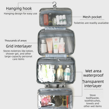 Black Waterproof 4-Fold Hanging Toiletry Bag with Wet/Dry Separation for Australian Travel & Cosmetics