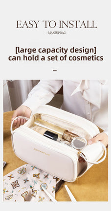 White Large Capacity PU Leather Makeup Bag Dual Zipper Cosmetic Case Waterproof Travel Toiletry Organiser with Brush Compartment