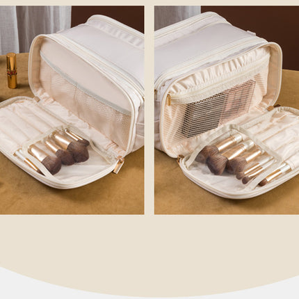 Brown Large Capacity PU Leather Makeup Bag Dual Zipper Cosmetic Case Waterproof Travel Toiletry Organiser with Brush Compartment