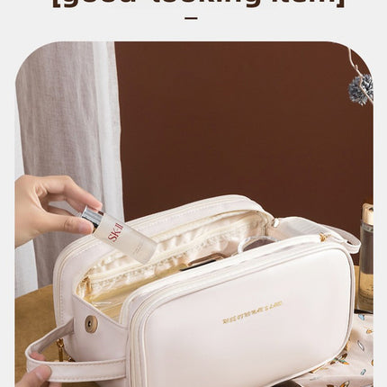 Brown Large Capacity PU Leather Makeup Bag Dual Zipper Cosmetic Case Waterproof Travel Toiletry Organiser with Brush Compartment