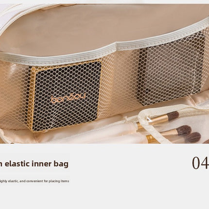 Brown Large Capacity PU Leather Makeup Bag Dual Zipper Cosmetic Case Waterproof Travel Toiletry Organiser with Brush Compartment
