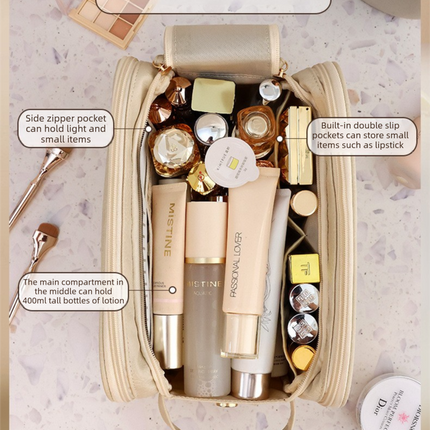 Luxury Black Large Capacity Makeup Bag – 3-Layer Double Zipper Travel Toiletry Organizer with Waterproof TPU Brush Holders