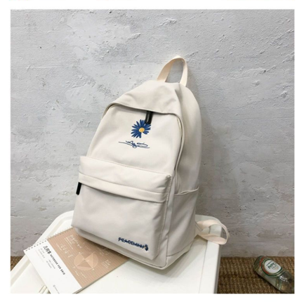 Daisy Embroidered Waterproof Backpack School Bag White Nylon Laptop Daypack for High School Uni and Travel