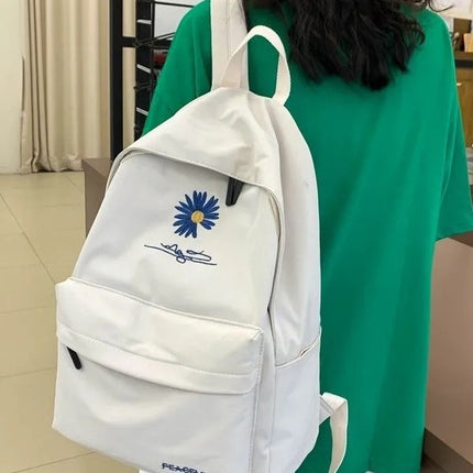 Daisy Embroidered Waterproof Backpack School Bag White Nylon Laptop Daypack for High School Uni and Travel