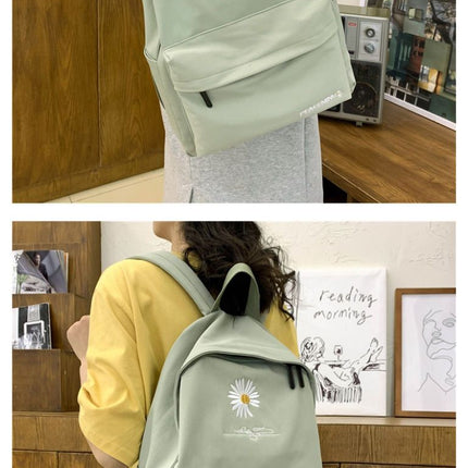 Daisy Embroidered Waterproof Backpack School Bag Green Nylon Laptop Daypack for High School Uni and Travel