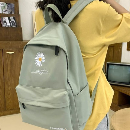 Daisy Embroidered Waterproof Backpack School Bag Green Nylon Laptop Daypack for High School Uni and Travel