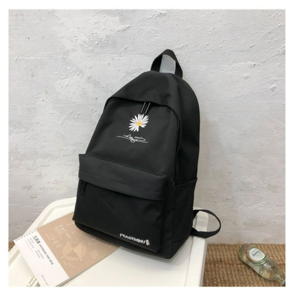 Daisy Embroidered Waterproof Backpack School Bag Black Nylon Laptop Daypack for High School Uni and Travel