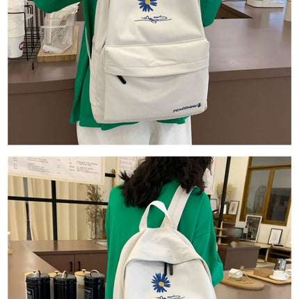 Daisy Embroidered Waterproof Backpack School Bag Black Nylon Laptop Daypack for High School Uni and Travel