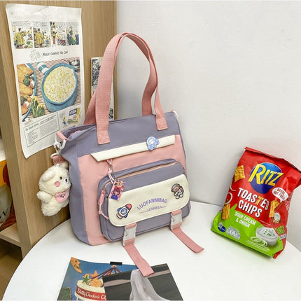 Women's Kawaii Black Shoulder Bag with Cute Bear Plush Charm and 4 Badges Large Capacity Nylon Tote School Handbag