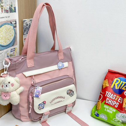 Women's Kawaii Pink Shoulder Bag with Cute Bear Plush Charm and 4 Badges Large Capacity Nylon Tote School Handbag