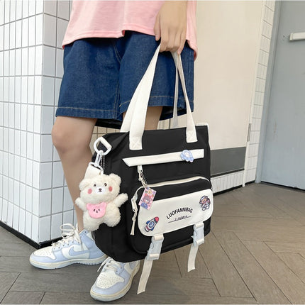 Women's Kawaii Pink Shoulder Bag with Cute Bear Plush Charm and 4 Badges Large Capacity Nylon Tote School Handbag