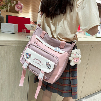 Women's Kawaii Pink Shoulder Bag with Cute Bear Plush Charm and 4 Badges Large Capacity Nylon Tote School Handbag