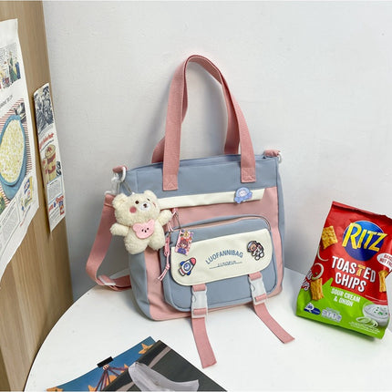 Women's Kawaii Pink Shoulder Bag with Cute Bear Plush Charm and 4 Badges Large Capacity Nylon Tote School Handbag